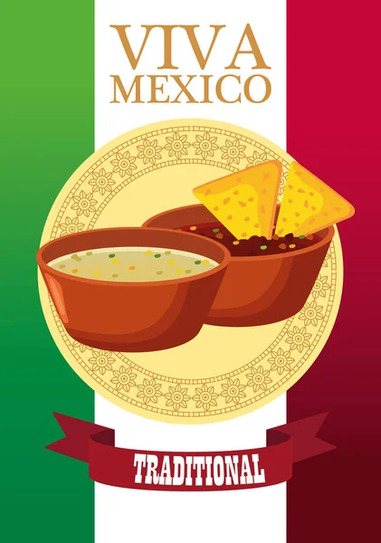 Viva mexico letras y afiche de comida mexicana con nachos en salsas — Vector de stock