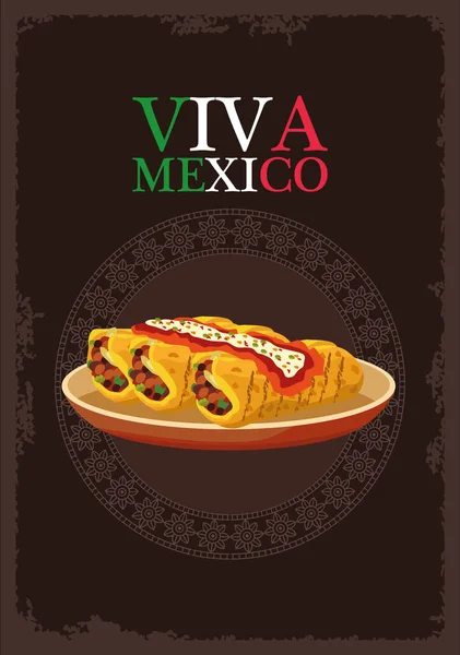 Viva letras mexicanas y póster de comida mexicana con burritos — Vector de stock