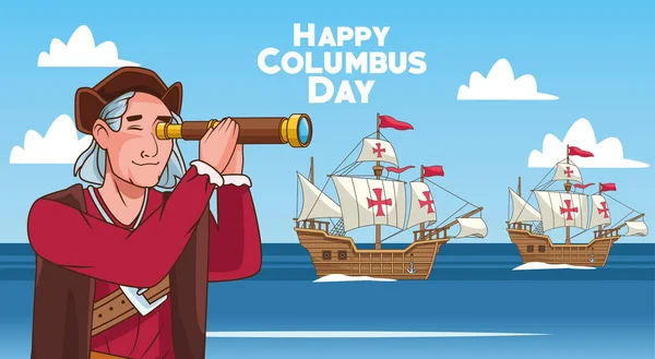 Columbus dia celebração cena de christopher usando telescópio e caravelas —  Vetores de Stock