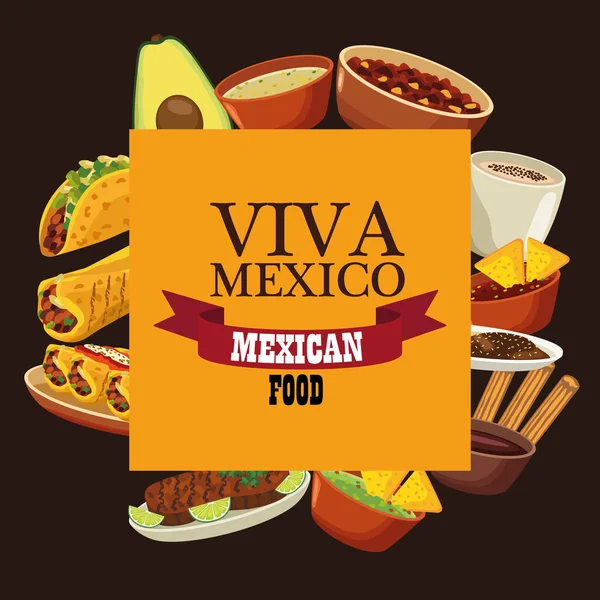 Viva letras mexicanas y póster de comida mexicana con menú en marco cuadrado — Vector de stock