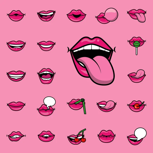 Bouche avec langue et paquet de bouches pop art remplissent le style — Image vectorielle