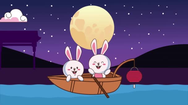 Mi-automne festival animation avec des lapins couple en bateau la nuit — Video