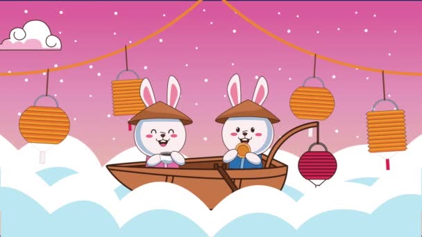 Mid autumn festival animation with rabbits couple in boat at clouds — Stock Video