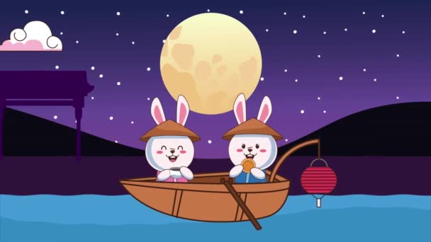 Mi-automne festival animation avec des lapins couple en bateau avec nuit de lune — Video