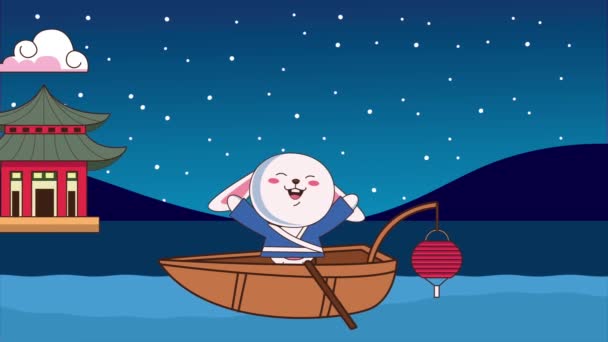 Середина осеннего фестиваля анимация с кроликом в лодке и строительство — стоковое видео