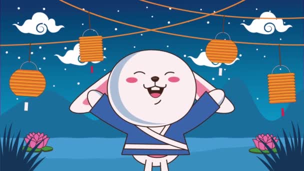 Mid autumn festival animation with rabbit and lamps in lake scene — Stock Video