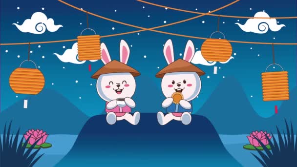 Mid autumn festival animation with rabbits drinking tea and eating cookies in lake — Stock Video