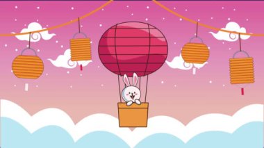 Sonbahar festivalinin ortası animasyonu. Balonda tavşan, sıcak hava ve sallanan lambalar.