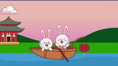 Sonbahar ortası festival animasyonu. Tavşanlar teknede ve inşaatta.