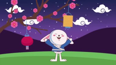 Sonbahar festivalinin ortasında tavşan ve çiçek sahneli animasyon