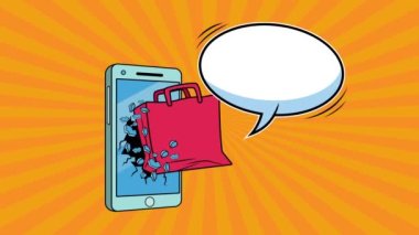 Alışveriş çantalı akıllı telefon pop sanat animasyonu