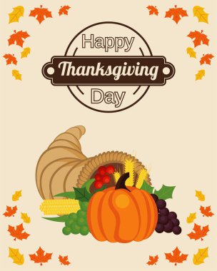 Boynuzlu ve yapraklı balkabaklı Şükran Günü posteri kutlu olsun.