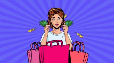 Alışveriş çantaları ve faturaları olan güzel bir kadın sanat tarzında pop müzik yapıyor.