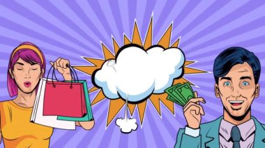 Alışveriş torbaları ve dolarları olan iş çifti pop sanat animasyonu