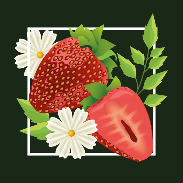 Fondo floral con fresas y flores — Vector de stock