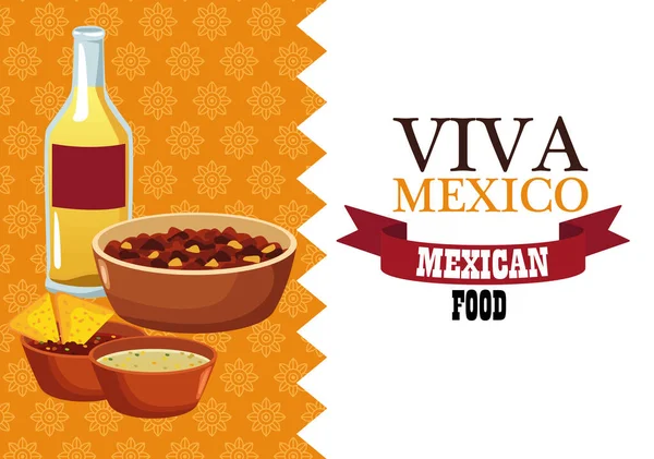 Viva letras mexicanas y afiche de comida mexicana con frijoles refritos y nachos en salsa — Vector de stock
