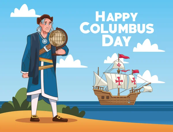 Columbus day celebration scene of christopher lifting world map on the beach — Stock Vector