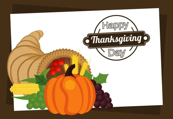Gelukkig Thanksgiving dag poster met pompoen in hoorn en vers fruit — Stockvector