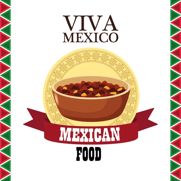 Viva mexico letras y afiche de comida mexicana con frijoles refritos en marco de cinta — Vector de stock