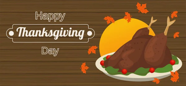 Gelukkig Thanksgiving dag poster met kalkoen eten in houten achtergrond — Stockvector