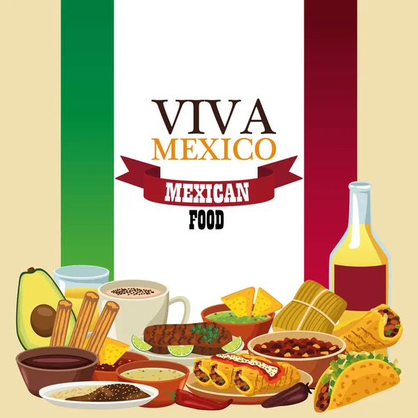 Viva letras mexicanas y póster de comida mexicana con tequila y menú en bandera — Vector de stock