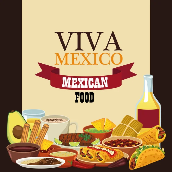 Viva mexico lettering e mexicana cartaz de comida com tequila e menu —  Vetores de Stock