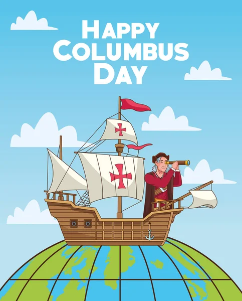 Columbus dag firande scen av Christofer med teleskop över planeten — Stock vektor