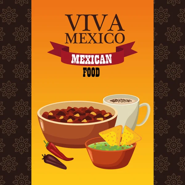 Viva letras mexicanas y afiche de comida mexicana con frijoles refritos y nachos — Vector de stock