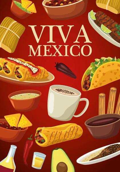Viva letras mexicanas y póster de comida mexicana con menú en fondo rojo — Vector de stock