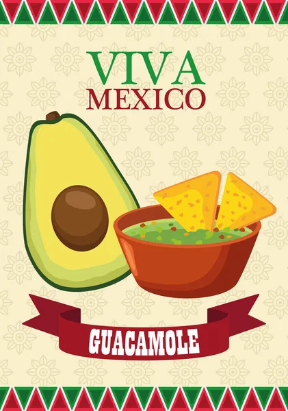 Viva letras mexicanas y póster de comida mexicana con aguacate y guacamole — Vector de stock