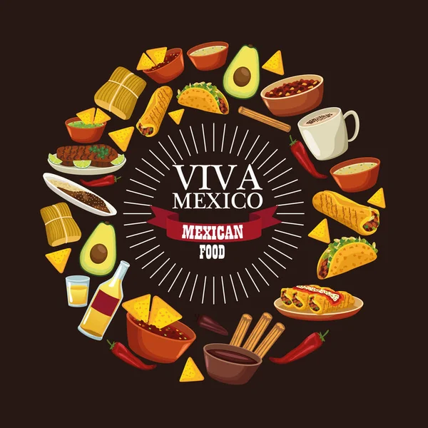 Viva letras mexicanas y afiche de comida mexicana con menú alrededor — Vector de stock