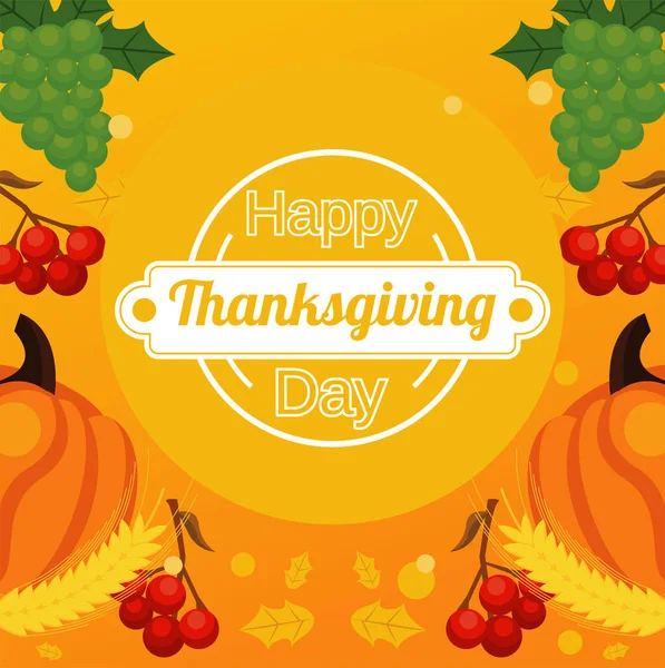 Gelukkige Thanksgiving dag poster met vers fruit en belettering rond frame — Stockvector