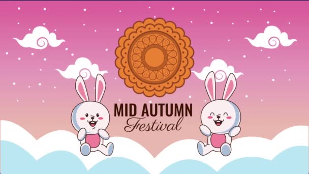 Mid autumn festival lettering animation with rabbits and lace in clouds — Stock Video