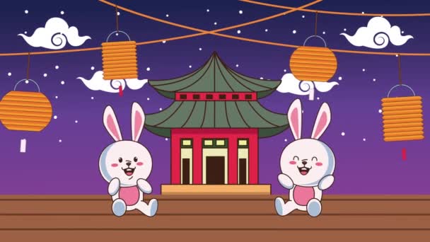 Mid autumn festival animation with rabbits couple and lamps in building — Stock Video