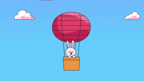Sonbahar festivali animasyonu. Balonda tavşan, sıcak hava ve bulutlar. — Stok video