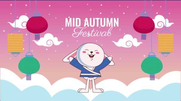 Mid autumn festival lettering animation with rabbit and lamps in clouds — Stock Video