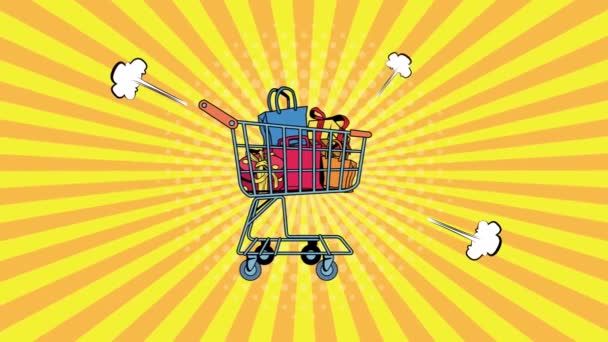 Sacos de compras no carrinho pop arte estilo animação — Vídeo de Stock