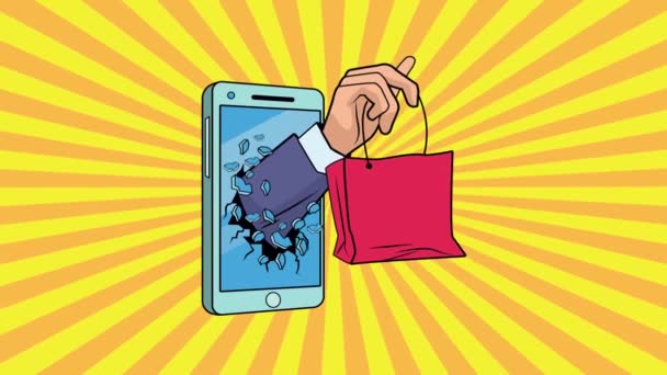 Smartphone med handlyft shoppingväska pop konst stil animation — Stockvideo