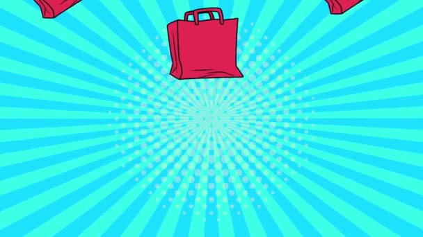 Winkelen tassen patroon pop art stijl animatie — Stockvideo