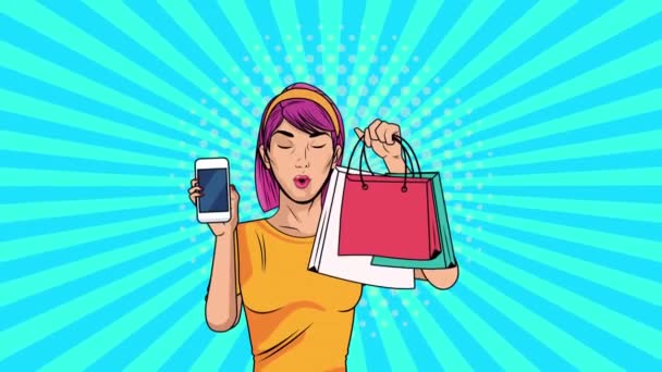 Piękna kobieta z torbami na zakupy i smartphone pop art stylu — Wideo stockowe