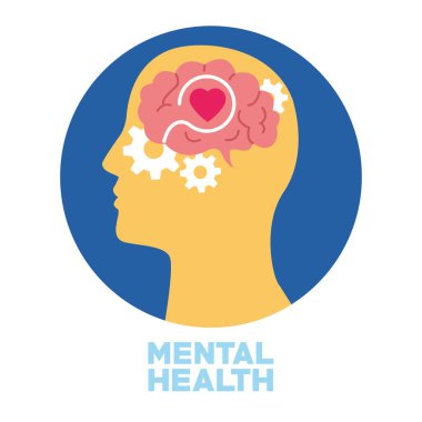 Ruh sağlığı günü insan profili ve beyninde kalbi olan dişliler.