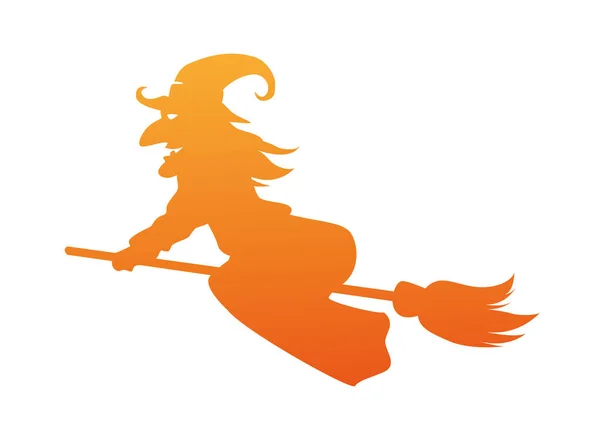 Bruja volando en escoba icono silueta naranja — Vector de stock
