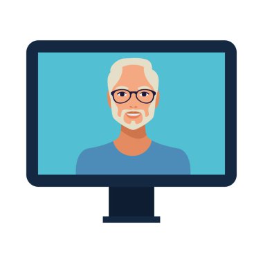 Masaüstünde gözlük takan sakallı yaşlı adam.