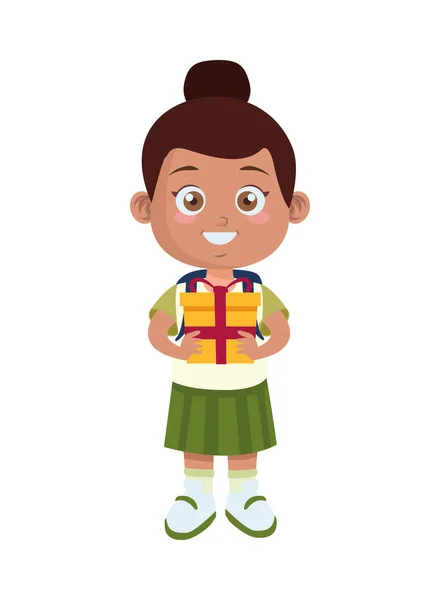 Cute afro little girl student with gift character — Stock Vector