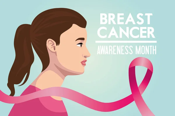 Borstkanker bewustzijn maand campagne poster met vrouw en lint — Stockvector