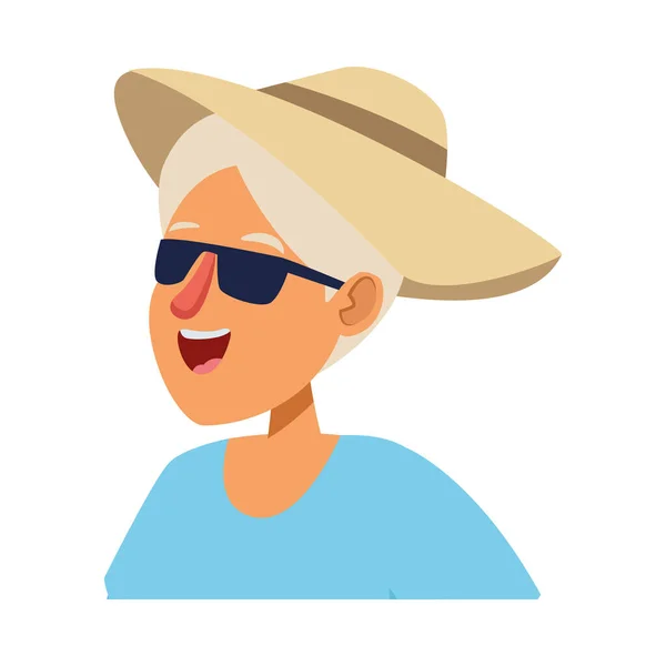 Vieja turista con sombrero y gafas de sol carácter — Vector de stock