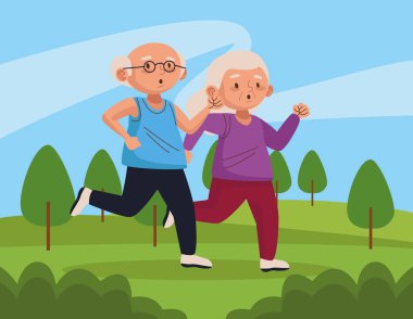Yaşlı çift parkta koşuyor aktif yaşlı karakterler