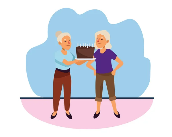 Old women with sweet cake active senior characters — Stock Vector