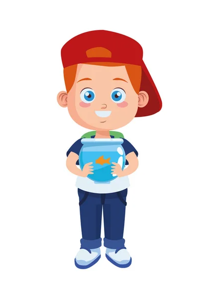 Cute little boy student with sport cap and aquarium — Stock Vector