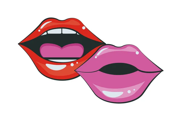 Sexi bocas femininas vermelho e rosa cores pop art estilo —  Vetores de Stock